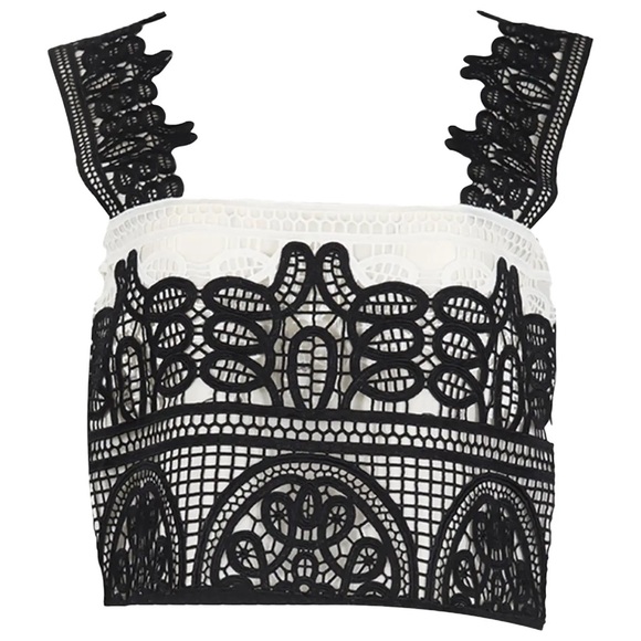 Costarellos Black Lace White Crop Top - Picture 1 of 7